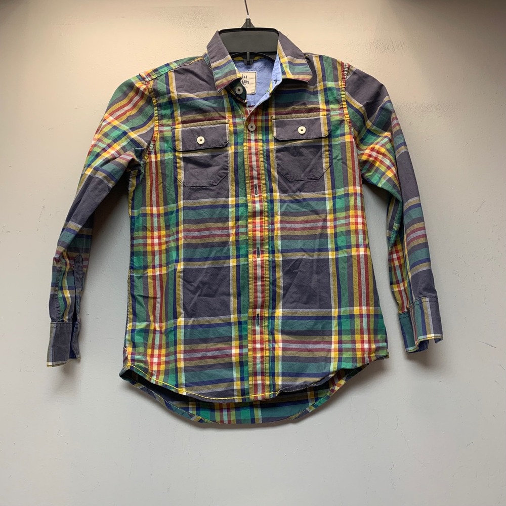 Mini Boden Plaid Button Down Boys 7-8Y Multi-Color Excellent Long Sleeve Cotton